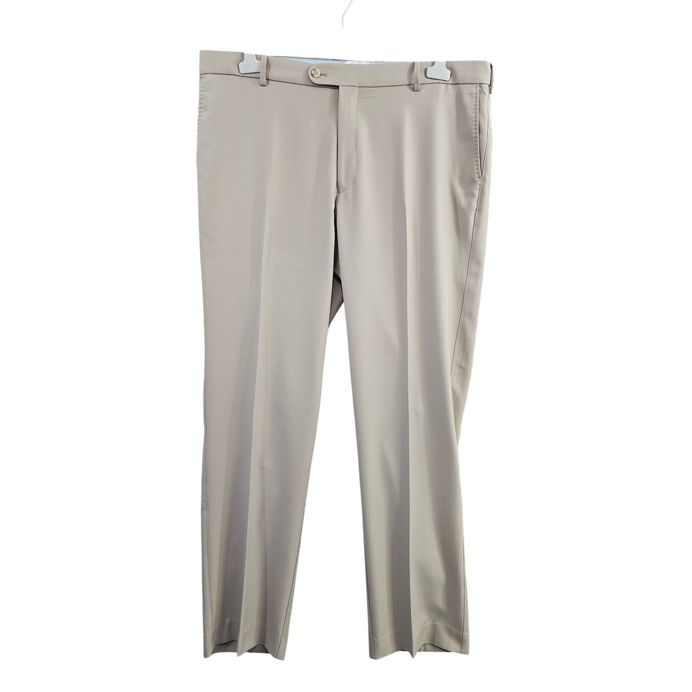 Peter Millar Dress Pants 40x32 Khaki Solid Flat Front Polyester Golf Trousers